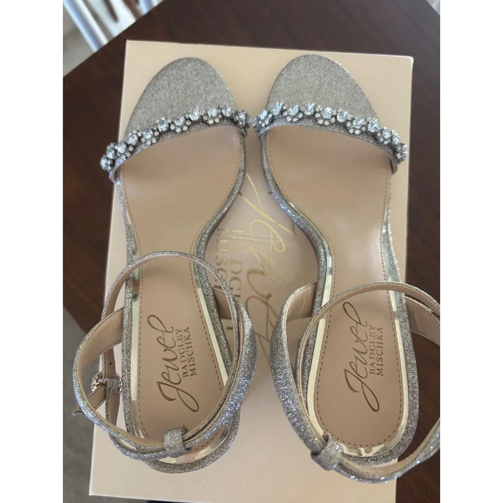Jewel Badgley Mischka Glitter Block Heel Sandals Crystal Embellished Size 6.5 - Picture 2 of 6